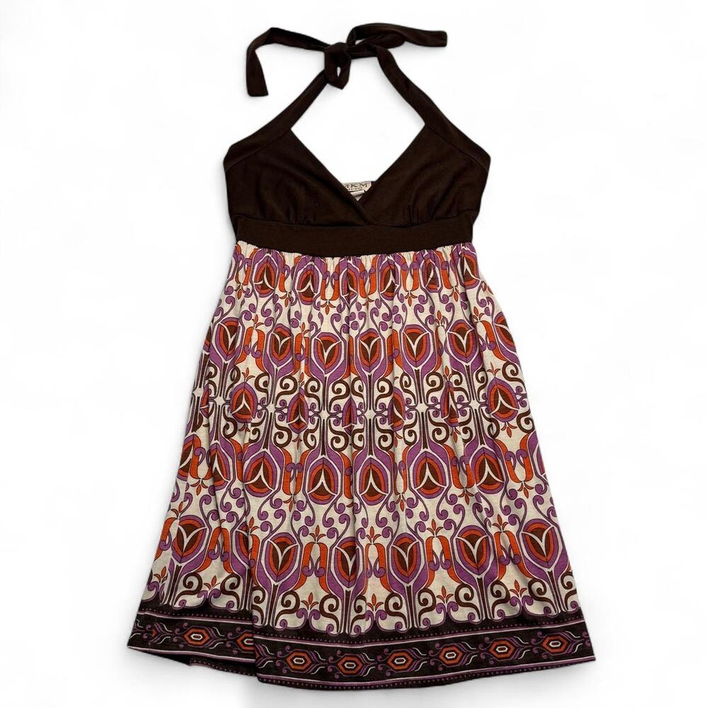 Y2K brown halter dress purple, orange, cream geometric pattern MKM Designs Large